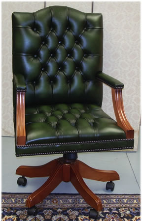 Gainsborough Swivel Desk Chair in Green Leather Yew with Button Seat